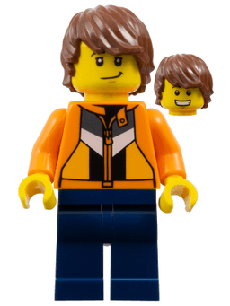 Soapbox Race Reporter (Jason 'Just Jason' Brickle) - Male, Orange Jacket with Panels and Zipper, Dark Blue Legs, Reddish Brown Tousled Hair