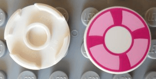 Tile, Round 2 x 2 with Bottom Stud Holder with Magenta and Bright Pink Life Preserver, Curved Bands Pattern