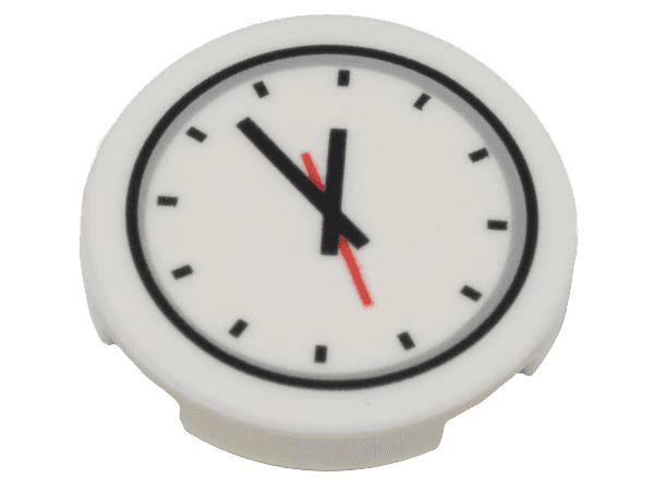Tile, Round 2 x 2 with Bottom Stud Holder with Clock and Red and Black Hands Pattern