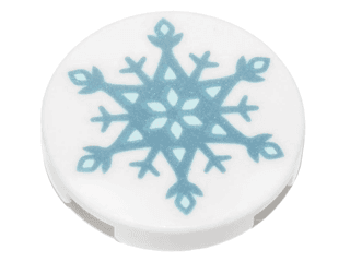 Tile, Round 2 x 2 with Bottom Stud Holder with Metallic Light Blue Snowflake Pattern
