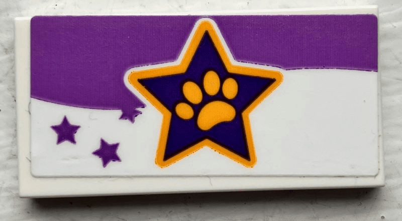 Tile 2 x 4 with Bright Light Orange Paw Print in Dark Purple Star, Medium Lavender Stripe and Stars Pattern (Sticker) - Set 41691