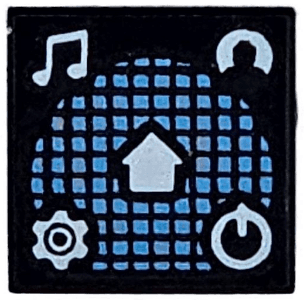 Tile 1 x 1 with White Music Notes, Minifigure Profile, Gear, Power Icon, and Home Button on Medium Blue Grid Pattern