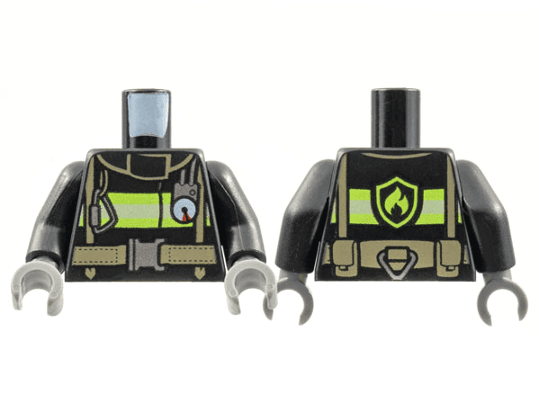 Torso Fire Uniform Jacket with Reflective Stripes and Logo on Back, Dark Tan Utility Belt and Straps, Silver Buckle, Carabiner, and Gauge Pattern / Black Arms / Dark Bluish Gray Hands