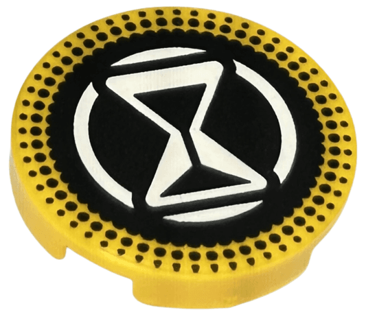 Tile, Round 2 x 2 with Bottom Stud Holder with White Hourglass and Circle on Black Background with Dotted Border Pattern