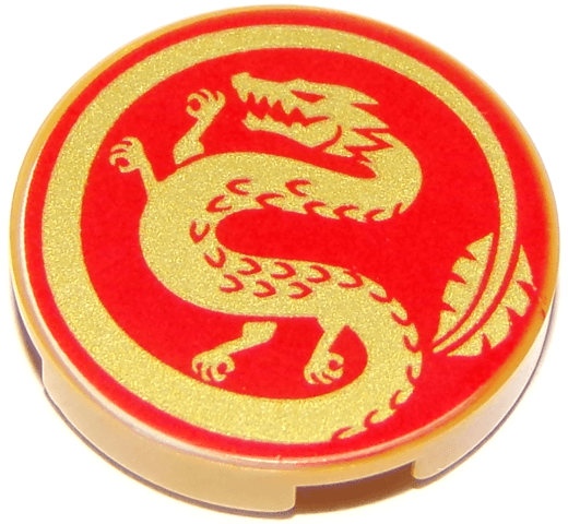Tile, Round 2 x 2 with Bottom Stud Holder with Gold Dragon on Red Background Pattern