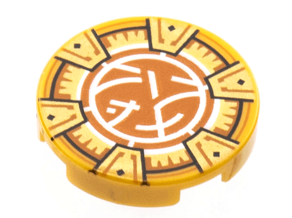 Tile, Round 2 x 2 with Bottom Stud Holder with Gold Frame with 6 Chevrons, Dark Orange and White Core Logo Pattern