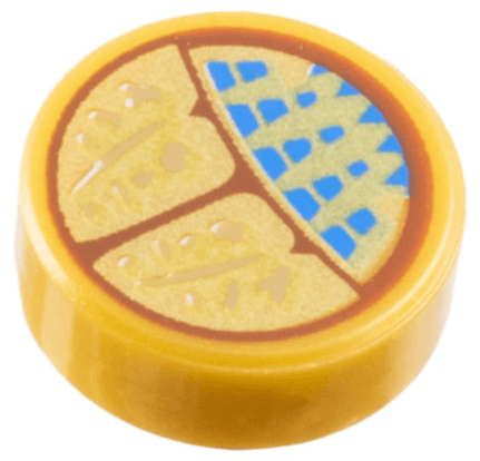 Tile, Round 1 x 1 with Reddish Brown and Gold Scarab of Ammit with Blue Spots and Dark Tan Symbols Pattern