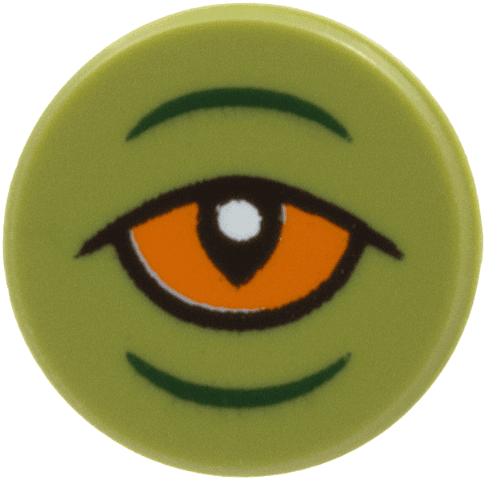 Tile, Round 1 x 1 with Orange Eye with Black Outlines and Curved Dark Green Eyelid Lines Pattern