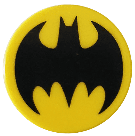 Tile, Round 2 x 2 with Bottom Stud Holder with Black Bat Batman Logo Pattern
