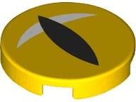 Tile, Round 2 x 2 with Bottom Stud Holder with Eye, Black Slit Pupil and White Crescent Glint Pattern