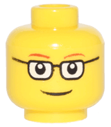 Minifigure, Head Dark Red Thin Eyebrows, Black Rectangular Glasses with White Lenses, Grin Pattern
