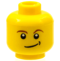 Minifigure, Head Reddish Brown Eyebrows, White Pupils, Lopsided Smile with Black Dimple Pattern