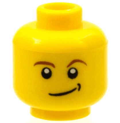 Minifigure, Head Reddish Brown Eyebrows, White Pupils, Lopsided Smile with Black Dimple Pattern