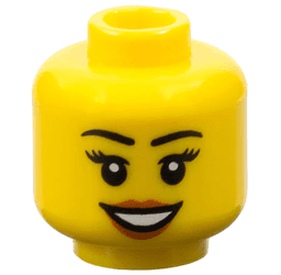 Minifigure, Head Female Black Eyebrows and Eyelashes, Dark Orange Lips, Open Mouth Smile with Teeth Pattern