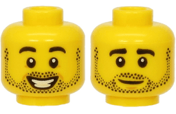 Minifigure, Head Dual Sided Black Eyebrows and Full Beard Stubble, Open Mouth Smile with Teeth / Slight Grin Pattern