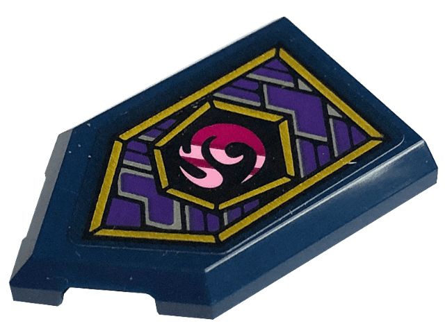 Tile, Modified 2 x 3 Pentagonal with Dark Purple Plates, Gold Frame, Magenta and Bright Pink Curly Symbol Pattern (Sticker) - Set 71771