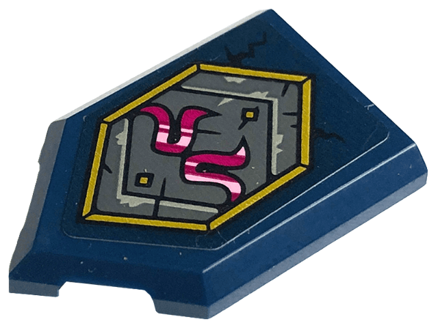 Tile, Modified 2 x 3 Pentagonal with Magenta and Bright Pink Curly Symbol and Gold Frame on Dark Bluish Gray Background Pattern (Sticker) - Set 71771