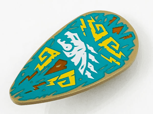 Minifigure, Shield Oval with White Dragon Head and Bright Light Orange Filigree on Dark Turquoise Background Pattern