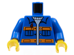 Torso City Jacket with Pockets & Pen over Sweater, Orange Stripes Pattern / Blue Arms / Yellow Hands