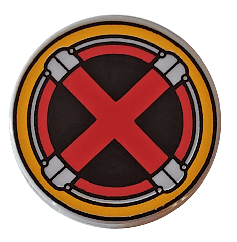 Tile, Round 2 x 2 with Bottom Stud Holder with Red X-Men Logo in Bright Light Yellow Circle Pattern