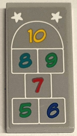 Tile 2 x 4 with White Stars and Hopscotch Outline Top Half with Numbers 5, 6, 7, 8, 9 and 10 Pattern (Sticker) - Set 60329