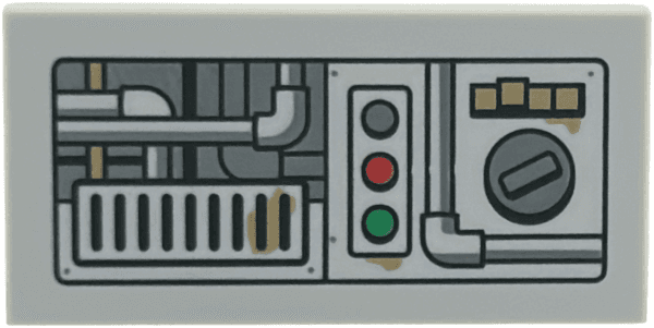 Tile 2 x 4 with Dark Bluish Gray Industrial Control Panel, Dial, and Pipes, Black Vent Grilles with Dark Tan Sand, Red and Green Lights, Pattern