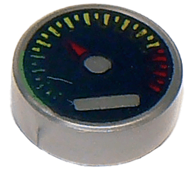Tile, Round 1 x 1 with Black Gauge with Red Pointer and Green, Yellow, and Red Tick Marks Pattern