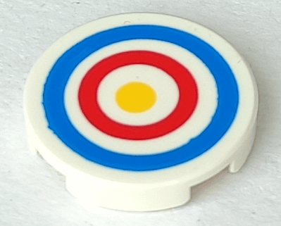 Tile, Round 2 x 2 with Bottom Stud Holder with Blue and Red Circles and Yellow Dot Archery Target Pattern