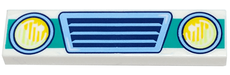 Tile 1 x 4 with Bright Light Blue Vehicle Grille, Yellowish Green and Yellow Headlights, and Dark Turquoise Bumper Pattern
