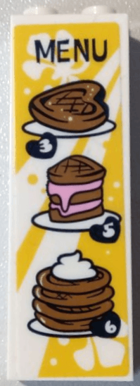 Brick 1 x 2 x 5 with 'MENU', Medium Nougat Waffles, Number 3, 5 and 6 on Yellow Background Pattern (Sticker) - Set 41426