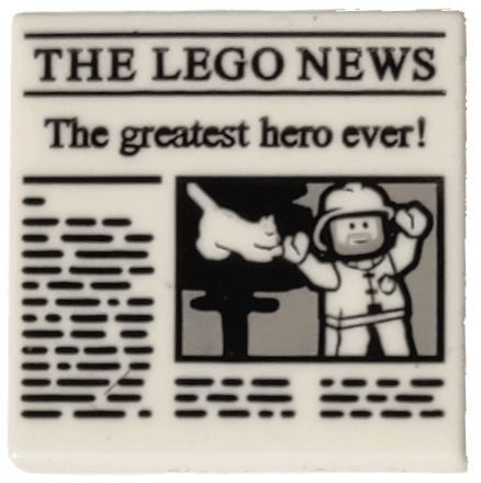 Tile 2 x 2 with Newspaper 'THE LEGO NEWS' and 'The greatest hero ever!' Pattern
