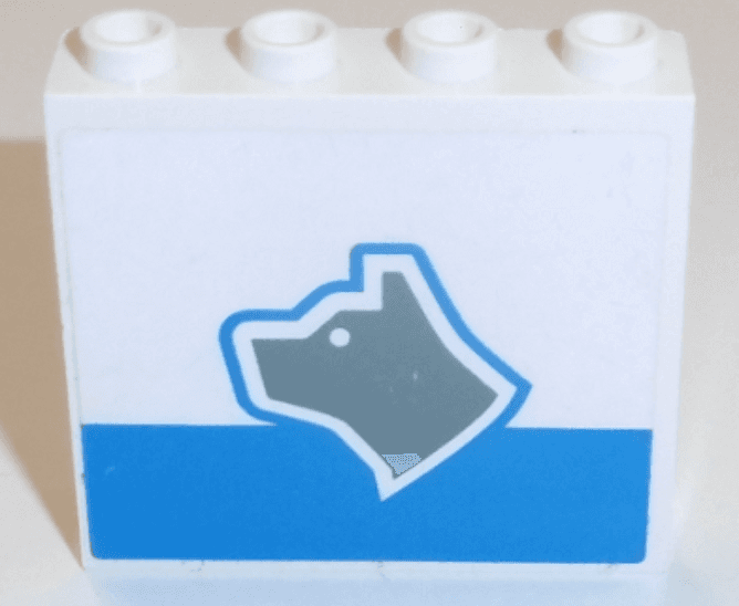 Panel 1 x 4 x 3 - Hollow Studs with Dark Bluish Gray Dog Head and Blue Stripe Pattern Model Left Side (Sticker) - Set 7744