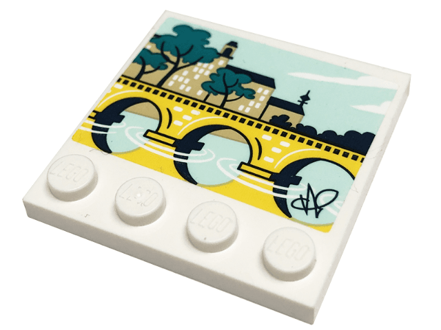Tile, Modified 4 x 4 with Studs on Edge with Painting of Light Aqua River, Yellow Bridge, Tan Building, and Trees Pattern (Sticker) - Set 41711