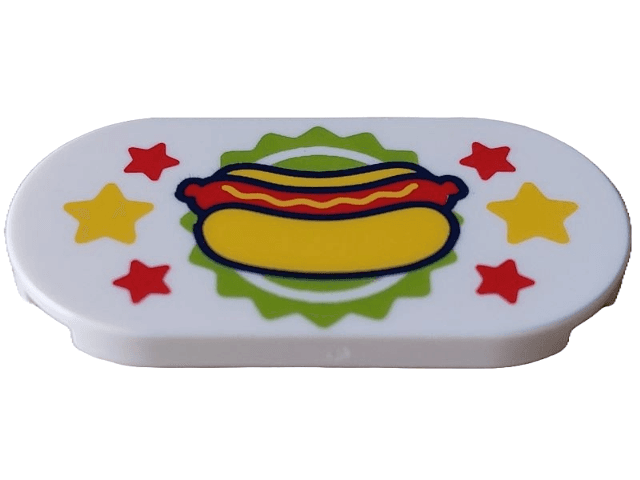 Tile, Round 2 x 4 Oval with Hot Dog on Lime Planet Background with Yellow and Red Stars Pattern