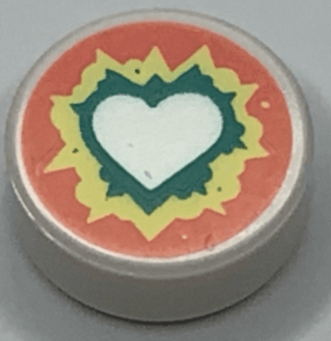 Tile, Round 1 x 1 with Heart on Dark Turquoise, Bright Light Yellow, and Coral Background Pattern