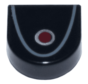 Tile, Round 1 x 1 Half Circle Extended with Red Circle with Silver Outline and Dark Bluish Gray Curved Line Pattern