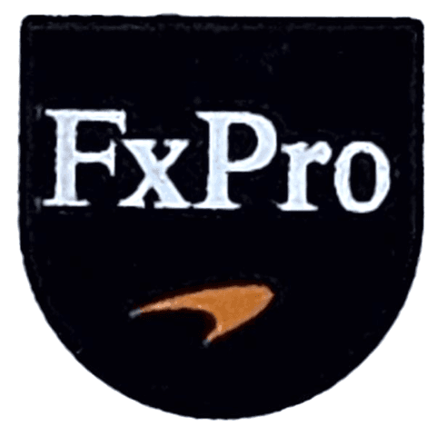 Tile, Round 1 x 1 Half Circle Extended with White 'FxPro' and Orange McLaren Logo Pattern