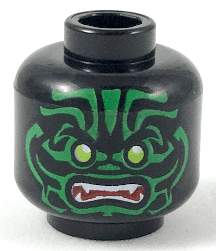 Minifigure, Head Alien with Lime Eyes, White Fangs, Green Face Decorations and Dark Red Mouth Pattern