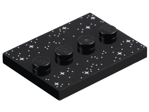 Tile, Modified 3 x 4 with 4 Studs in Center with White Dots and Sparkles / Stars Pattern