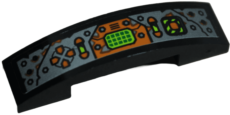 Slope, Curved 4 x 1 x 2/3 Double with Silver Control Panel with Rivets, Orange Buttons and Lime Screen Pattern (Sticker) - Set 71763