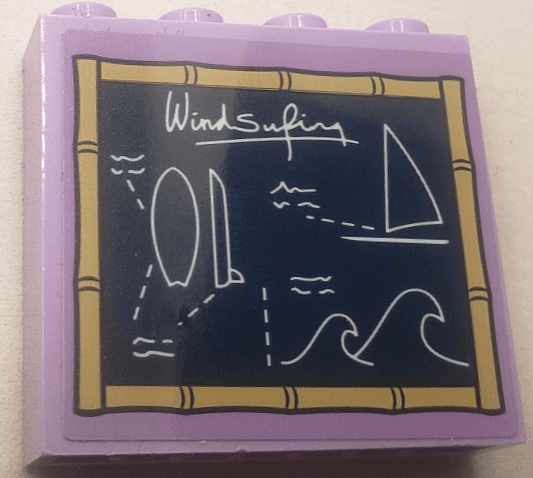 Brick 1 x 4 x 3 with Dark Blue Blackboard with White 'Windsurfing', Diagrams and Bamboo Border Pattern (Sticker) - Set 41710