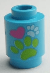 Brick, Round 1 x 1 with Lime and White Paw Prints and Dark Pink Heart Pattern