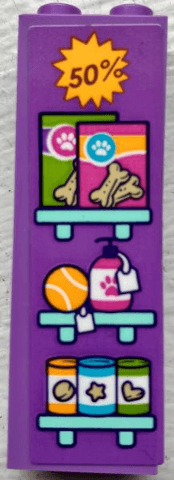 Brick 1 x 2 x 5 with Light Aqua Shelves with Tan Bones Dog Treats, Tennis Ball, Shampoo, Price Tags and '50%' in Starburst Pattern (Sticker) - Set 41691