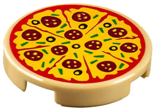 Tile, Round 2 x 2 with Bottom Stud Holder with Sliced Pizza with Red Tomato Sauce, Yellow Cheese, Dark Red Pepperoni, Black Olives and Green Bell Peppers Pattern