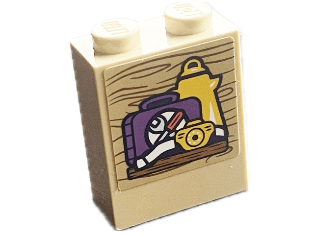 Brick 1 x 2 x 2 with Inside Stud Holder with Medium Nougat Shelf and Wood Grain, Medium Lavender Briefcase, Light Aqua Tools, Yellow Kettle and Camera Pattern (Sticker) - Set 41716