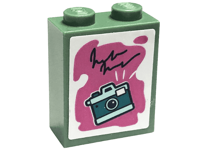 Brick 1 x 2 x 2 with Inside Stud Holder with Dark Turquoise and Light Aqua Camera on Dark Pink Background Pattern (Sticker) - Set 41711
