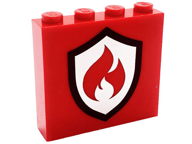 Brick 1 x 4 x 3 with Black and Silver Fire Logo Badge Pattern