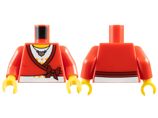 Torso Sweater Cropped with Dark Red Bow and Trim over White Shirt with Bright Light Orange Stars, Silver Heart Pendant Necklace, Yellow Neck Pattern / Red Arms / Yellow Hands
