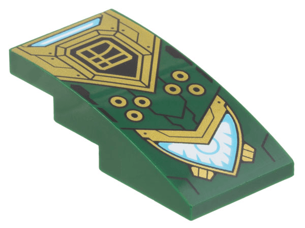 Slope, Curved 4 x 2 with Black and Gold Armor, Circles, Ninjago Logogram Letter L in Square, and Medium Azure and White Headlight Pattern