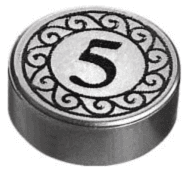 Tile, Round 1 x 1 with Black Number 5 Coin Pattern
